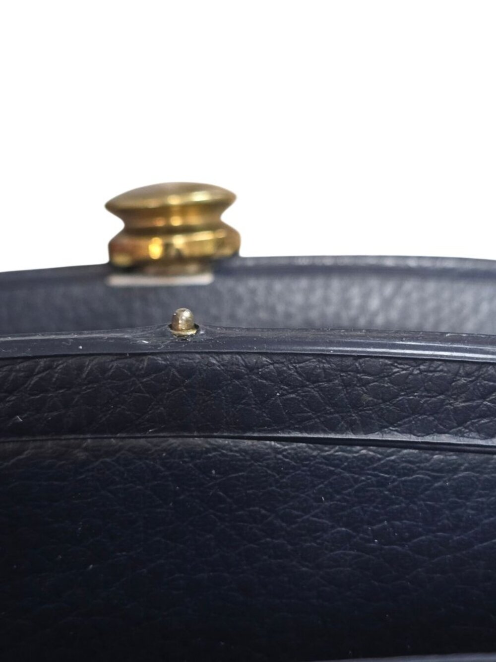 Vintage Navy Blue Leather Handbag Gold Hardware Top Handles & Beige Interior - Picture 9 of 16